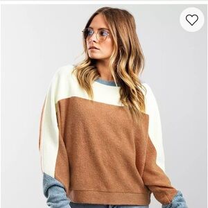 Free People Colorblock Sweater in Cream, Brown, and Blue